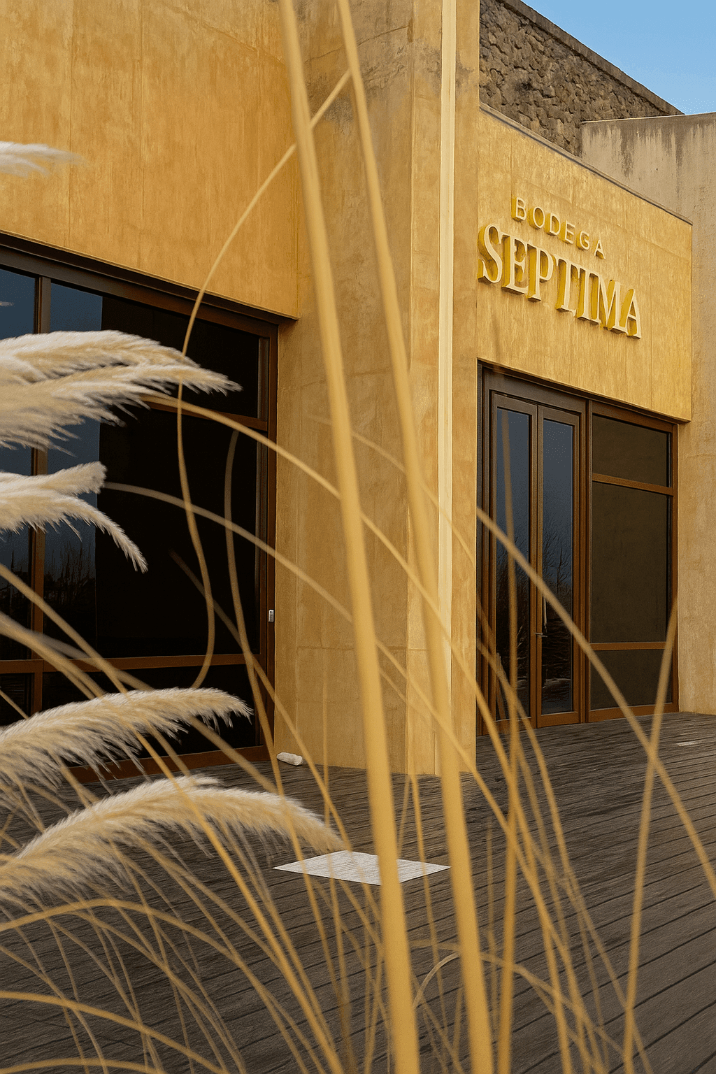 Exterior of a yellow building with 'Bodega Septima' sign, surrounded by decorative grass.