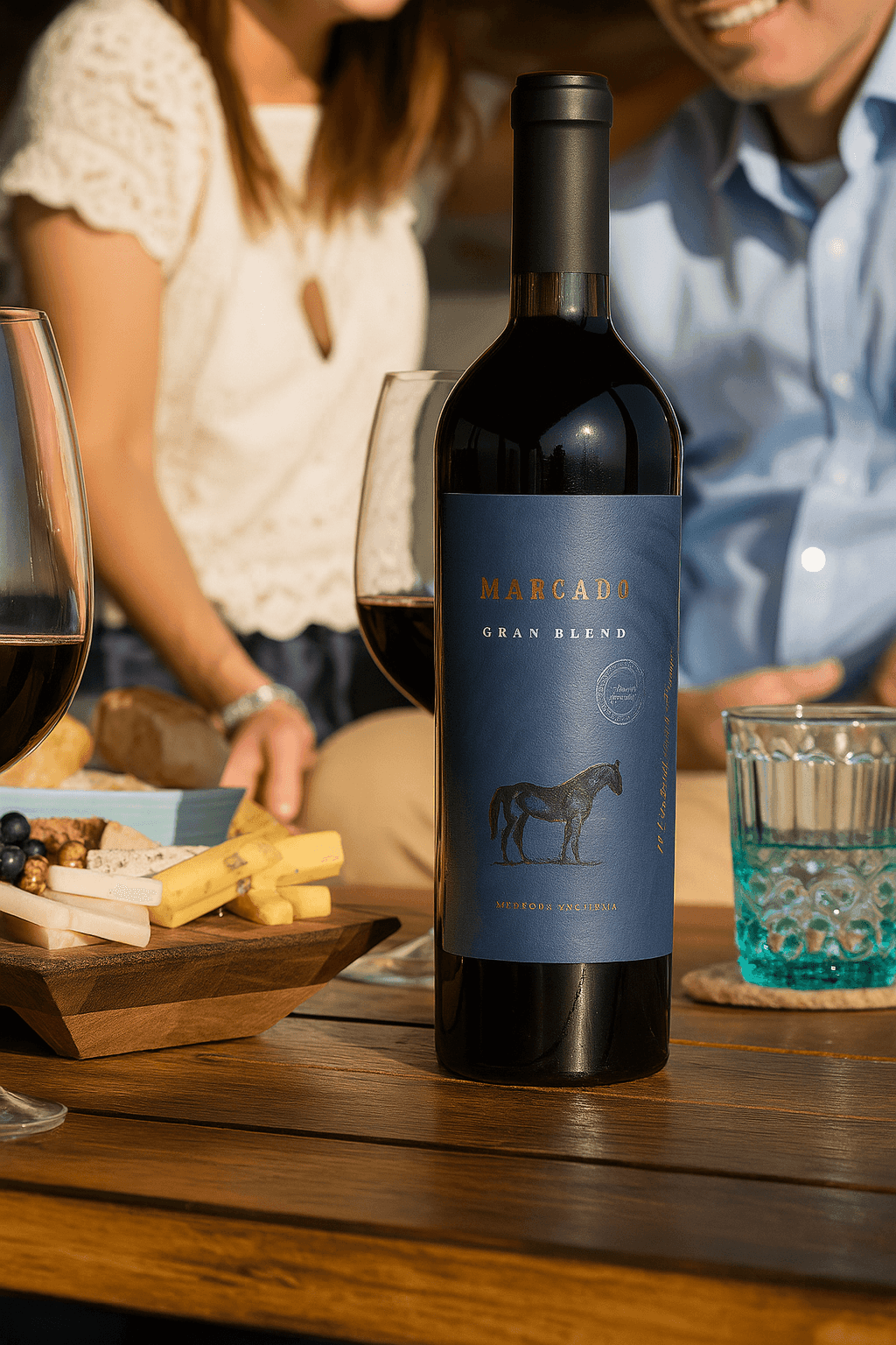 Wine bottle on table with cheese platter and wine glasses, people sitting in the background.