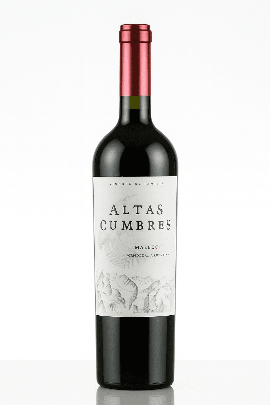 Bottle of Altas Cumbres Malbec wine with red foil and white label featuring mountain design.
