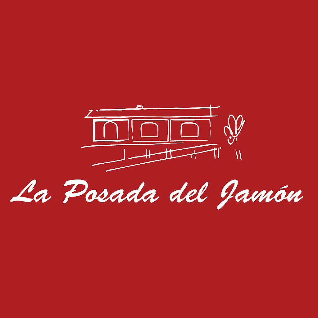 La Posada del Jamón logo with white text and building sketch on a red background.