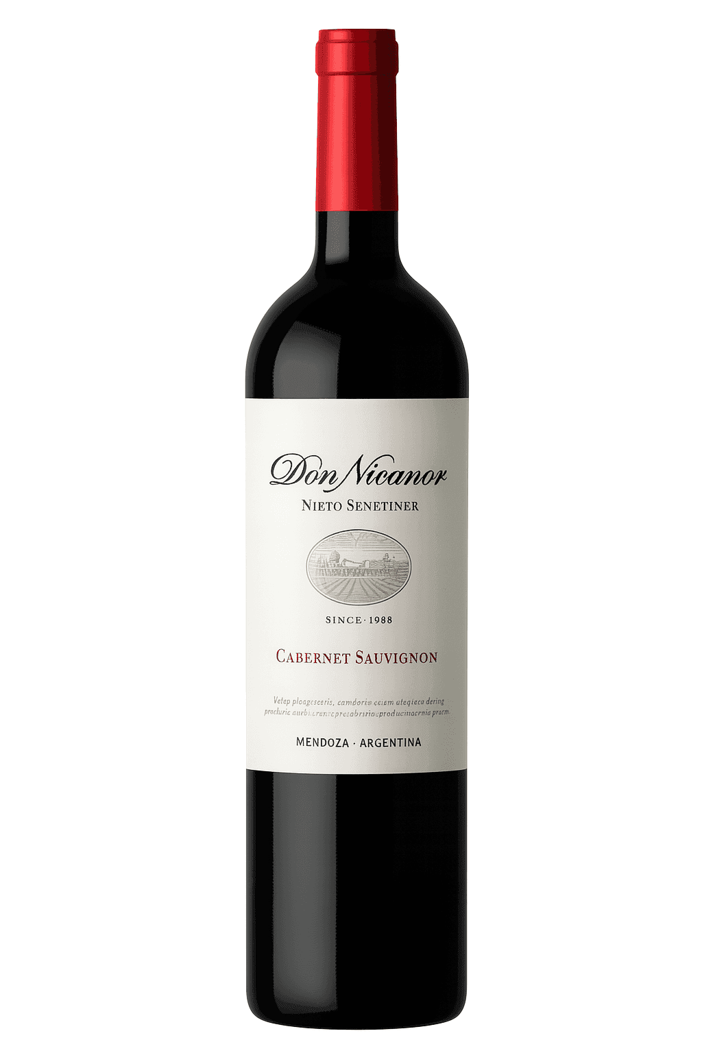 Bottle of Don Nicanor Cabernet Sauvignon with a red cap and white label.