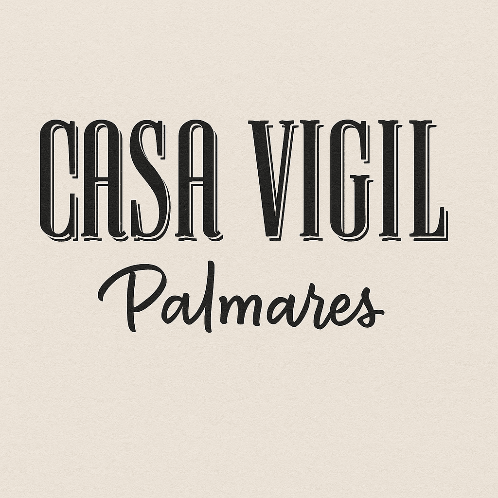 Text logo with 'Casa Vigil Palmares' in stylized black font on a beige background.