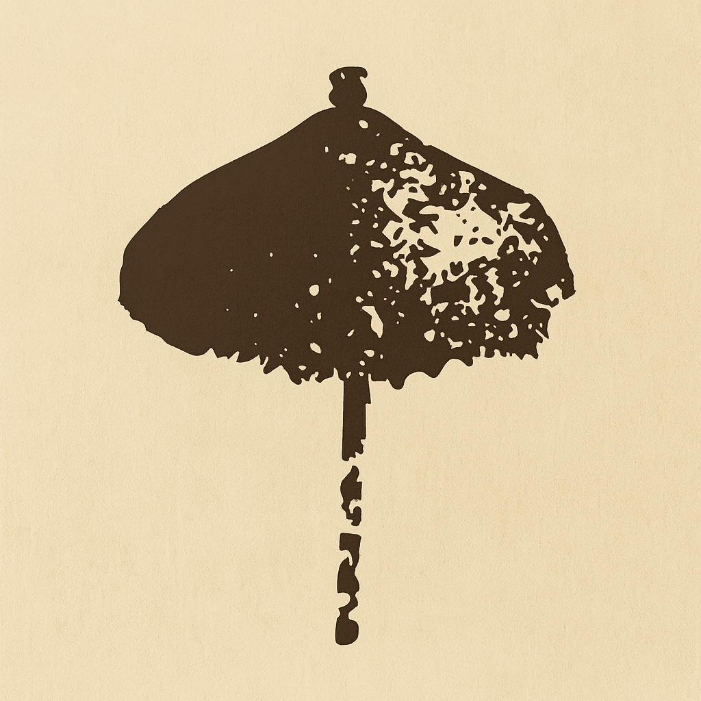 Silhouette of a large umbrella with intricate patterns on a beige background.