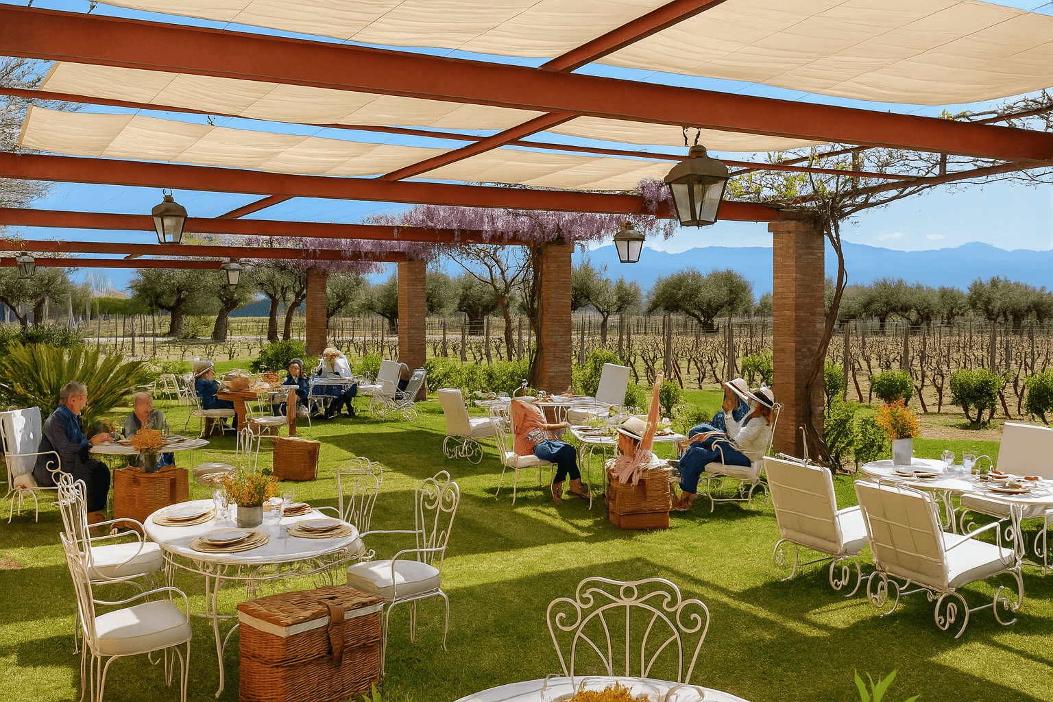 Outdoor dining area with tables, chairs, and people enjoying the vineyard view under a pergola.