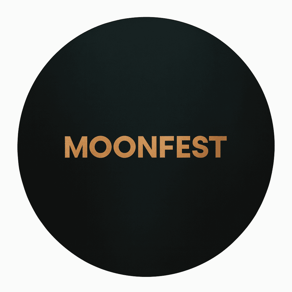 Moonfest logo in bold gold letters centered on a dark circular background.