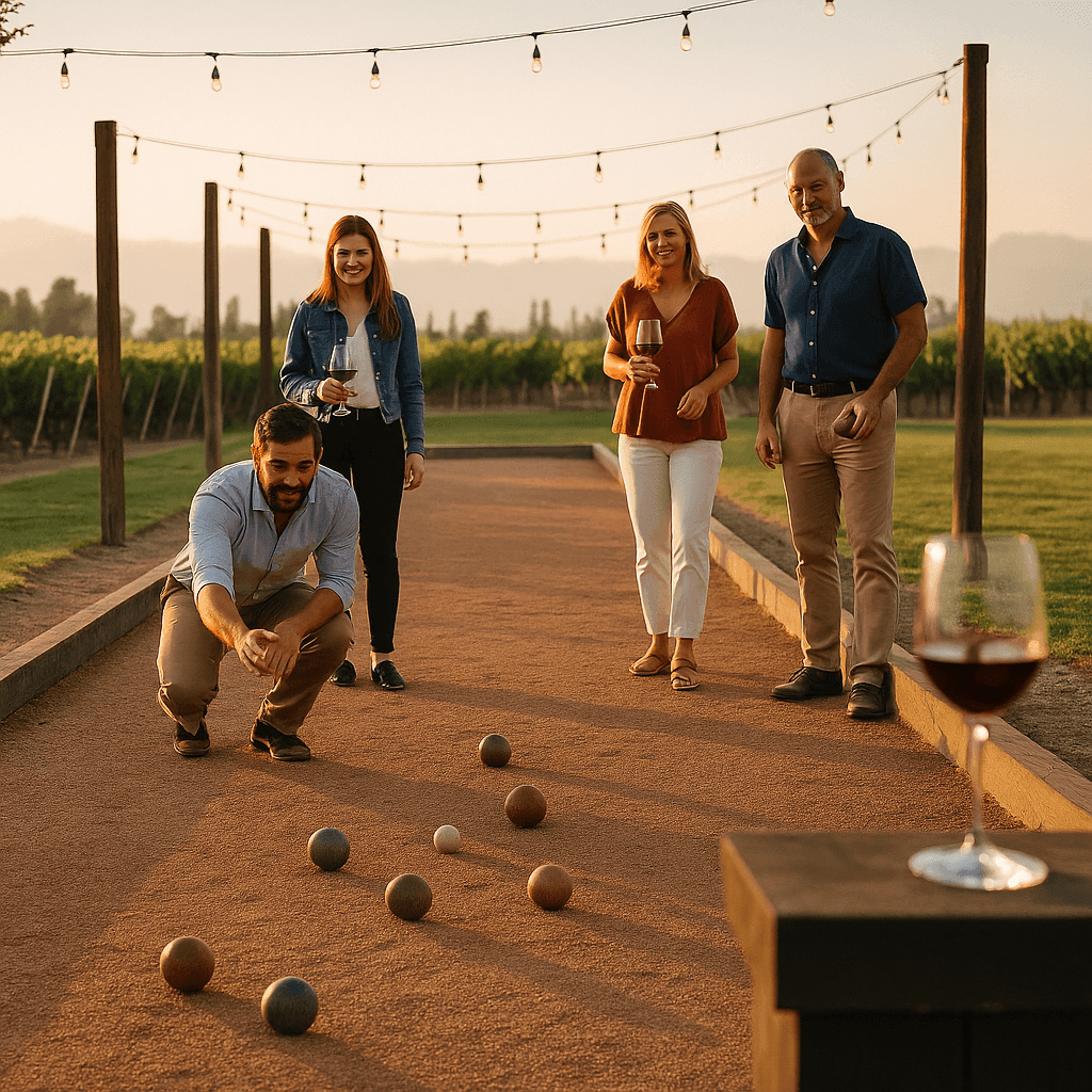 Group of people playing bocce ball outdoors at sunset, with string lights and wine glasses nearby.