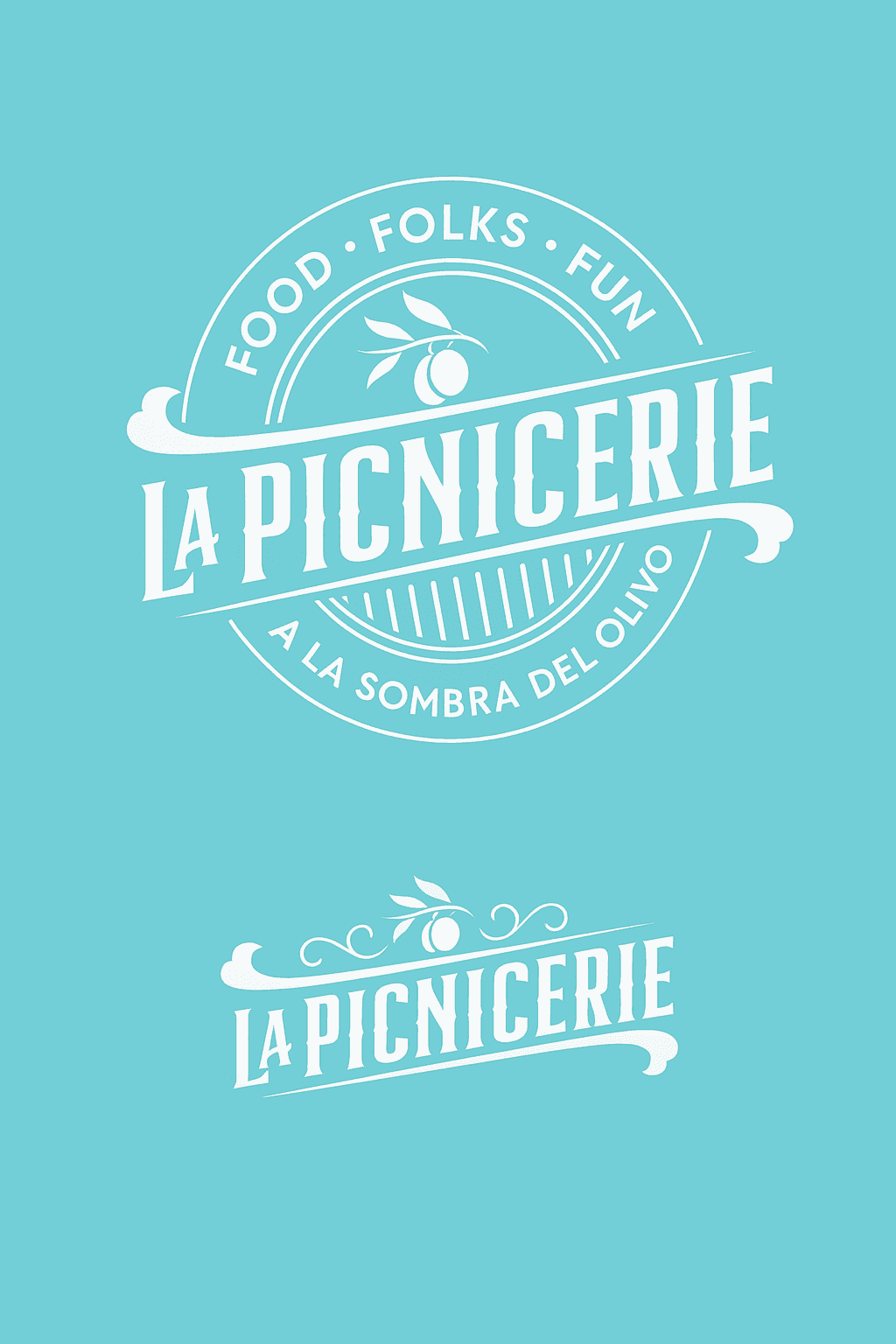 Logo design for La Picnicerie, featuring text and an olive branch on a teal background.