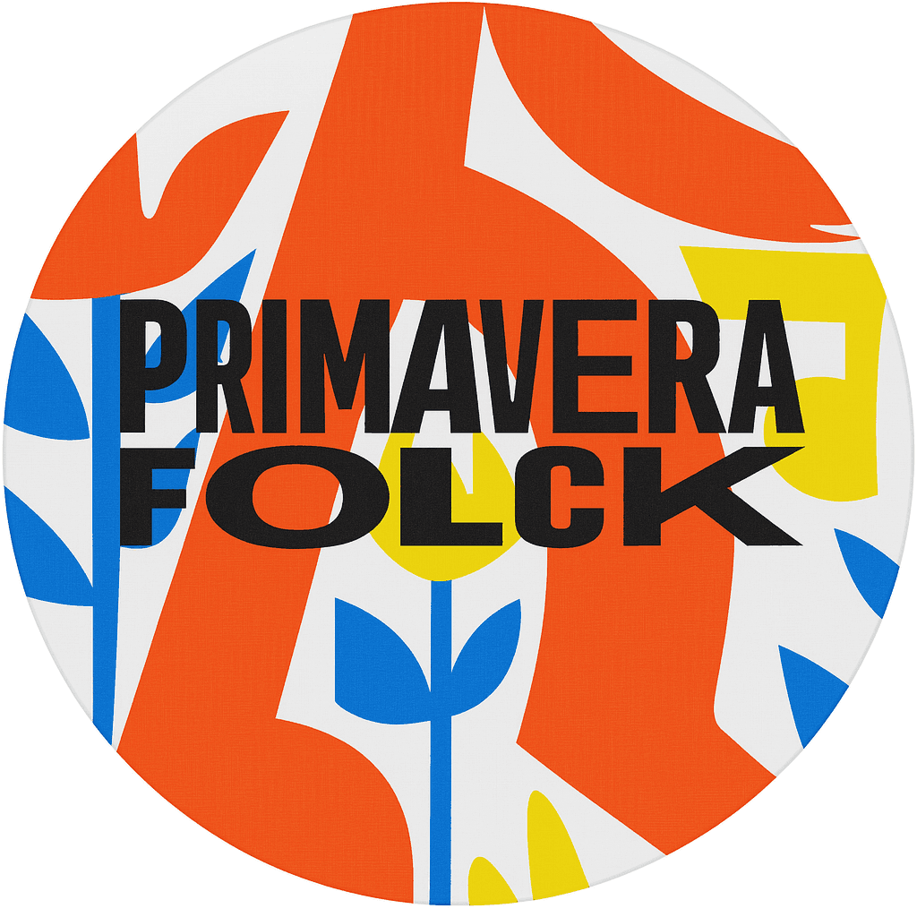 Circular logo with 'Primavera Folck' text over colorful abstract shapes and floral patterns.