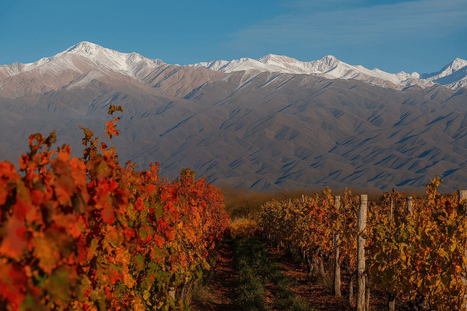 Vineyard with autumn-colored leaves, backed by snow-capped mountains under a blue sky.