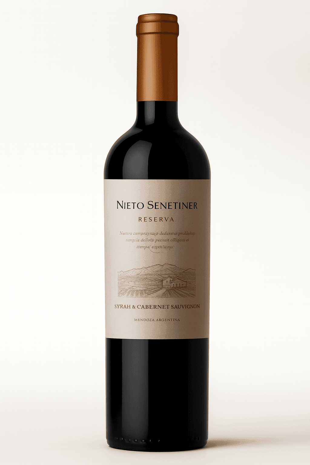 Bottle of Nieto Senetiner Reserva Syrah & Cabernet Sauvignon wine with a brown label.