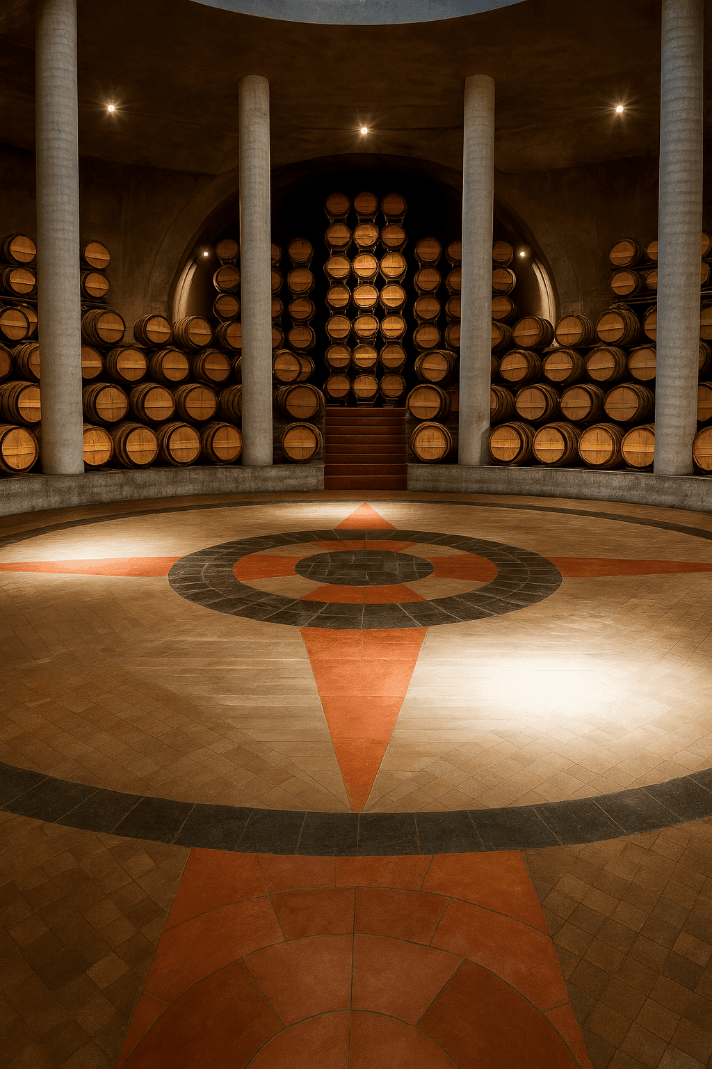 Circular wine cellar with wooden barrels stacked in the background and a compass design on the floor.