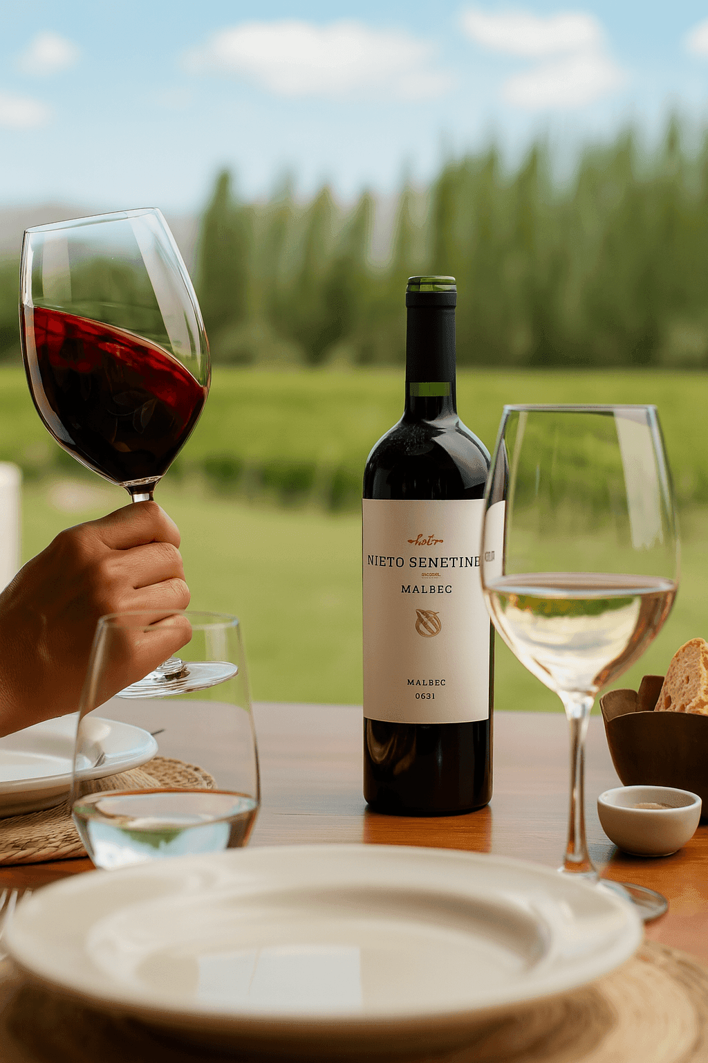 Hand holding a glass of red wine beside a Malbec bottle on an outdoor table setting.