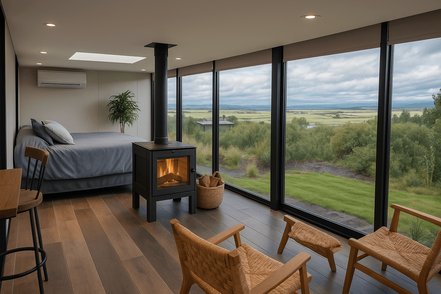 Modern cozy room with bed, wood stove, and panoramic windows overlooking green landscape.