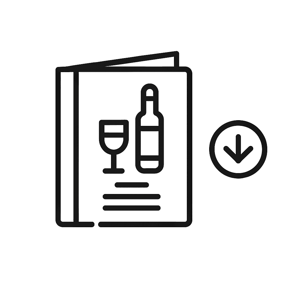Line icon of a wine bottle and glass on a brochure with a download arrow beside it.