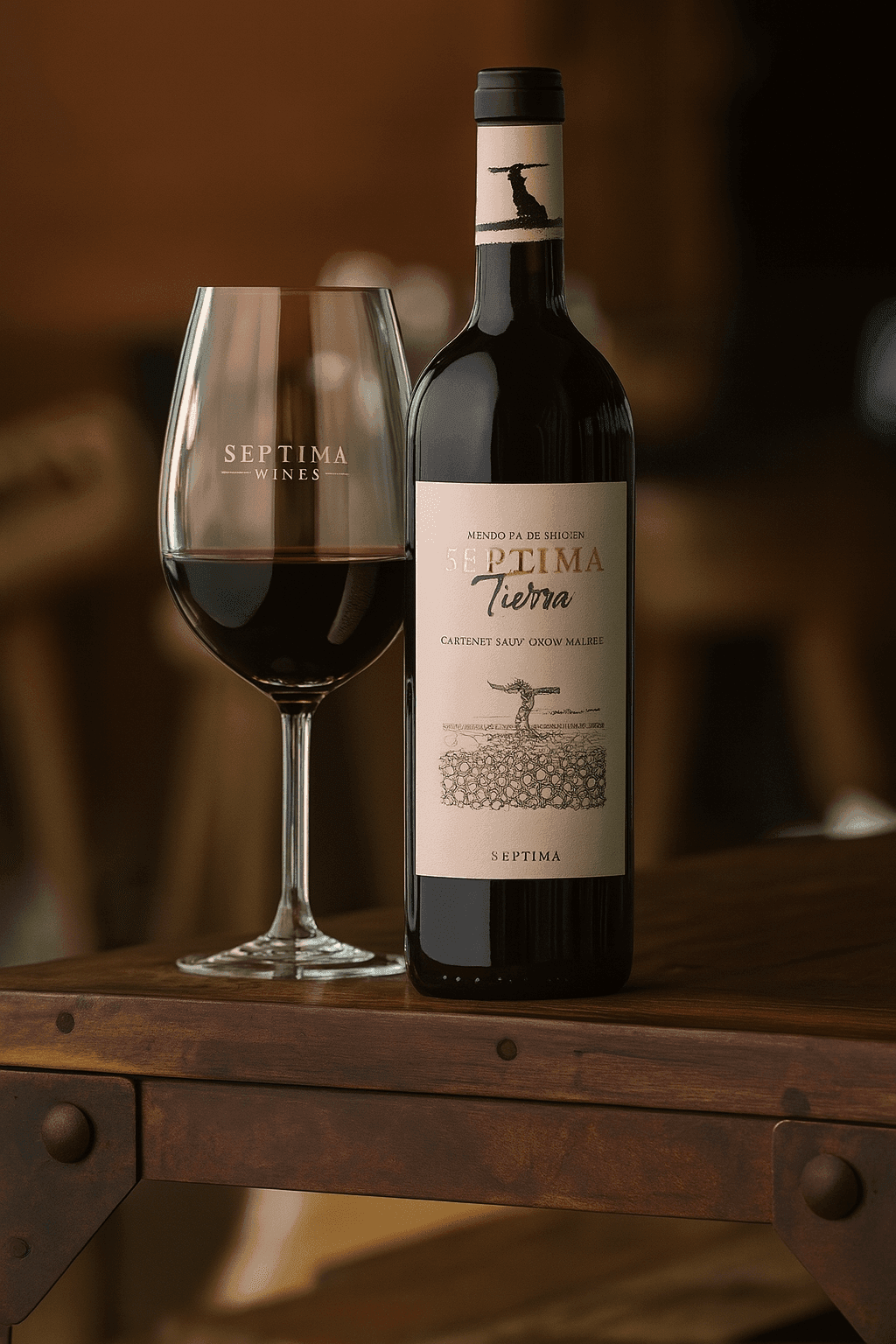 Bottle of Septima wine beside a filled glass on a wooden table.