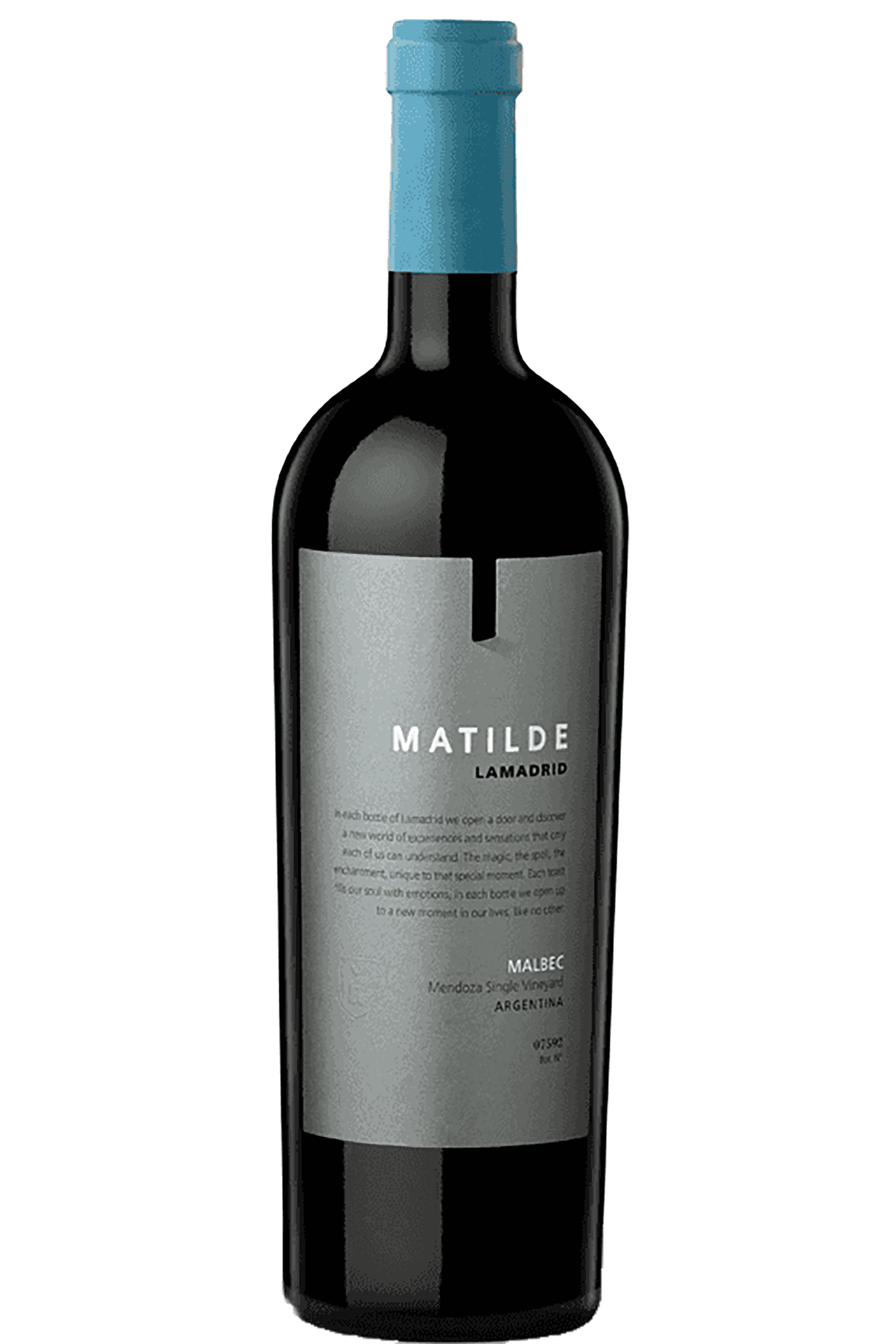 Bottle of Lamadrid Matilde Malbec wine with a blue cap and gray label.
