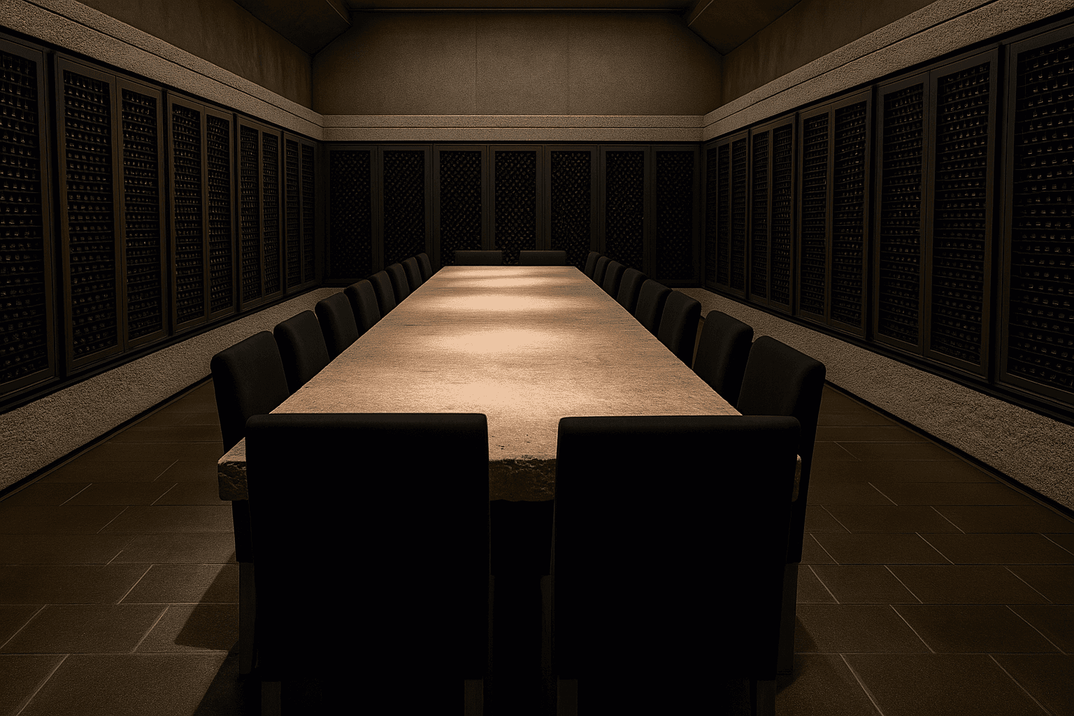 Dimly lit wine cellar with a long table surrounded by chairs and shelves filled with bottles.