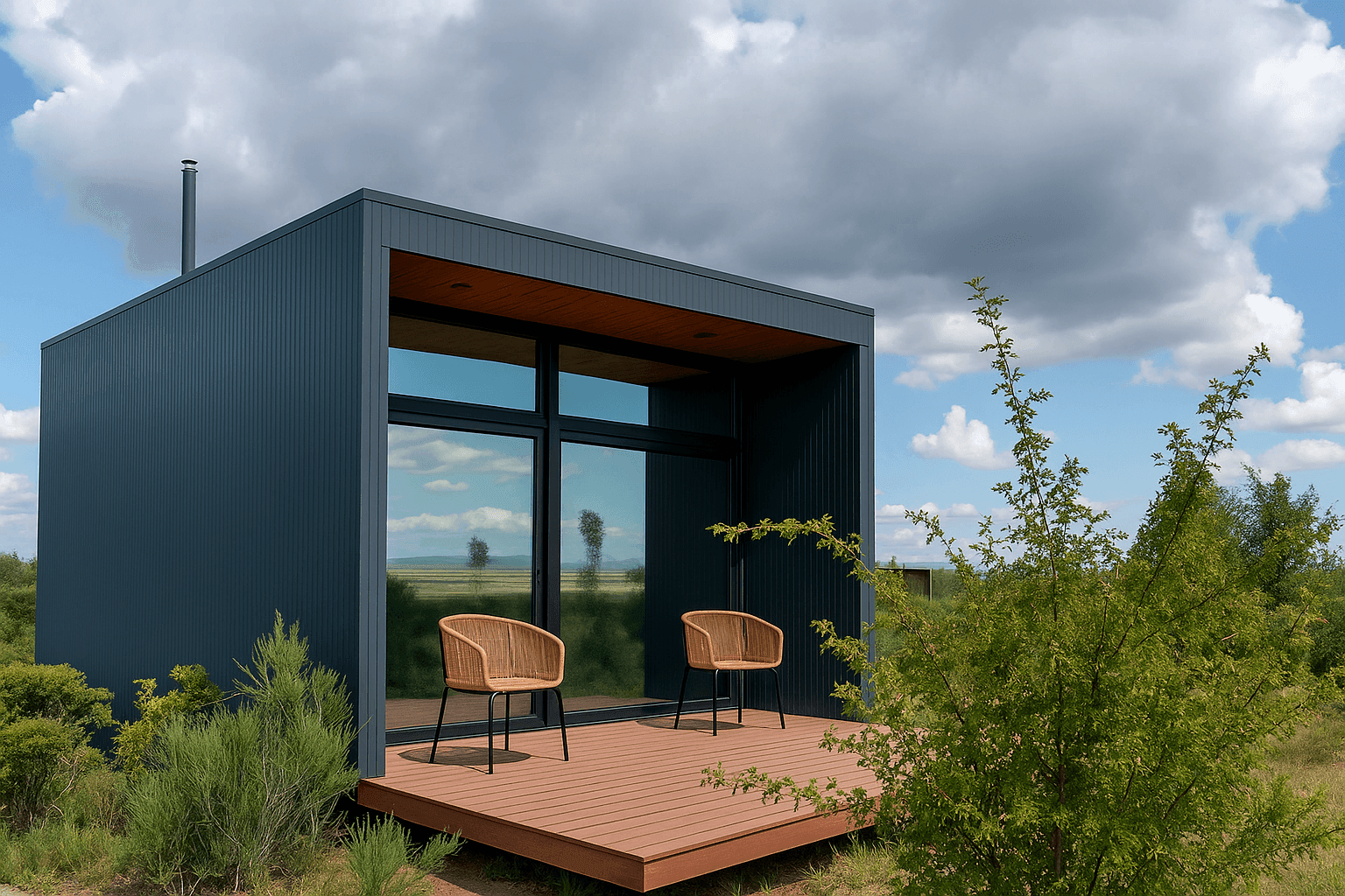 Modern tiny house with a wooden deck and two chairs, surrounded by greenery under a cloudy sky.