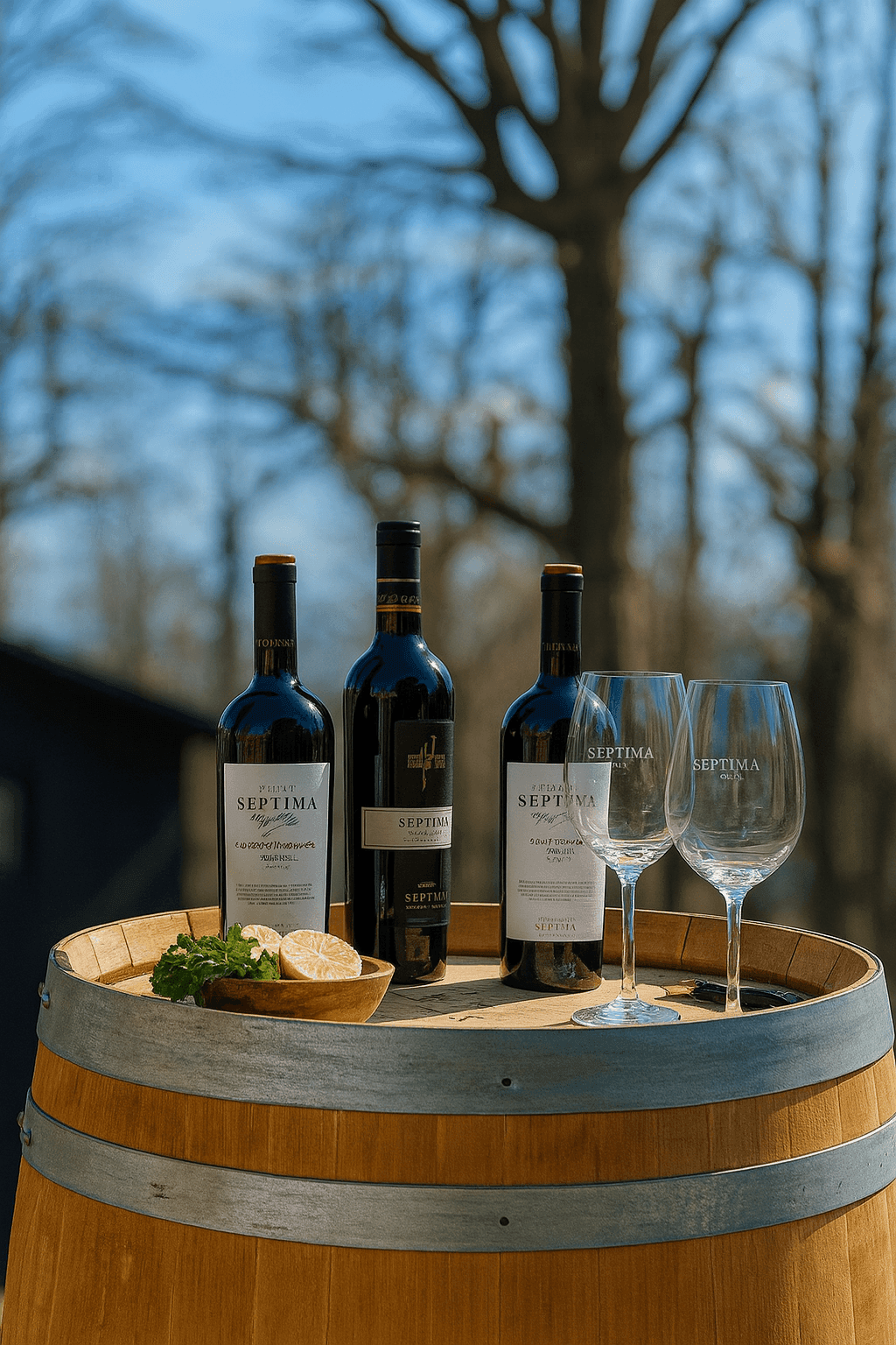 Three wine bottles and two glasses on a wooden barrel with lemon slices and herbs, outdoors.