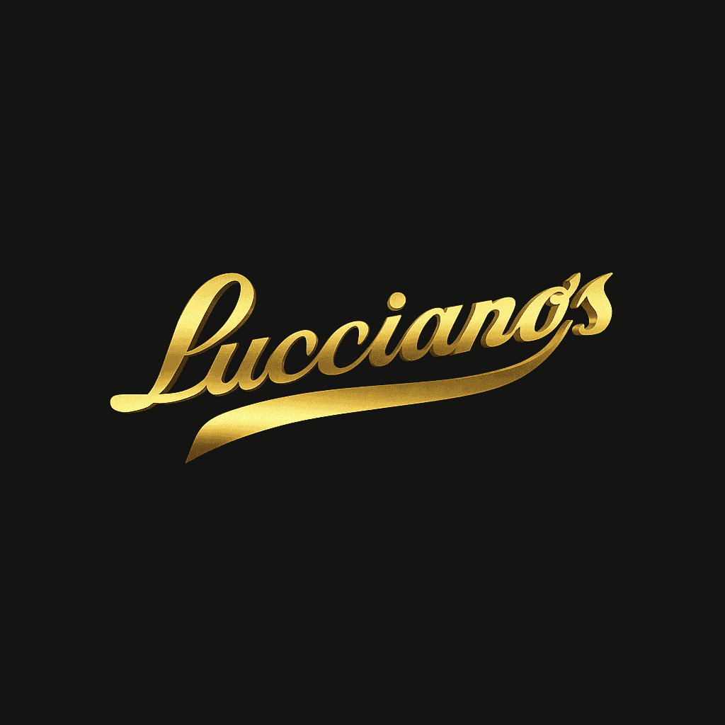 Elegant gold script logo on black background.