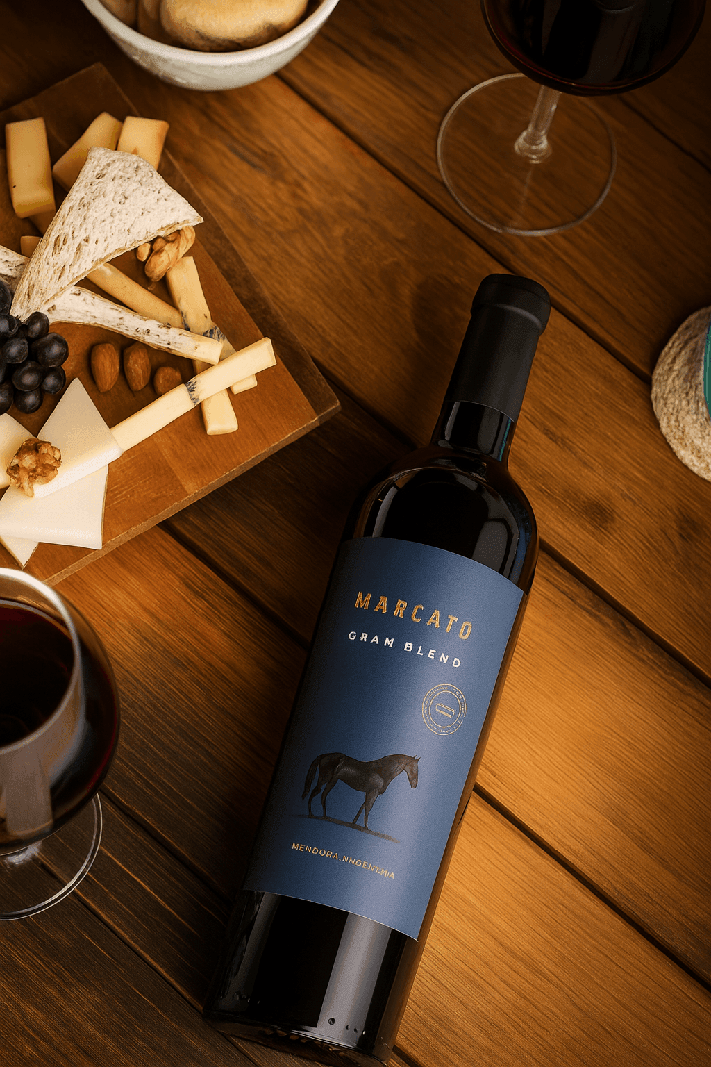Wine bottle labeled 'Marcato Gram Blend' on a table with cheese and nuts platter.