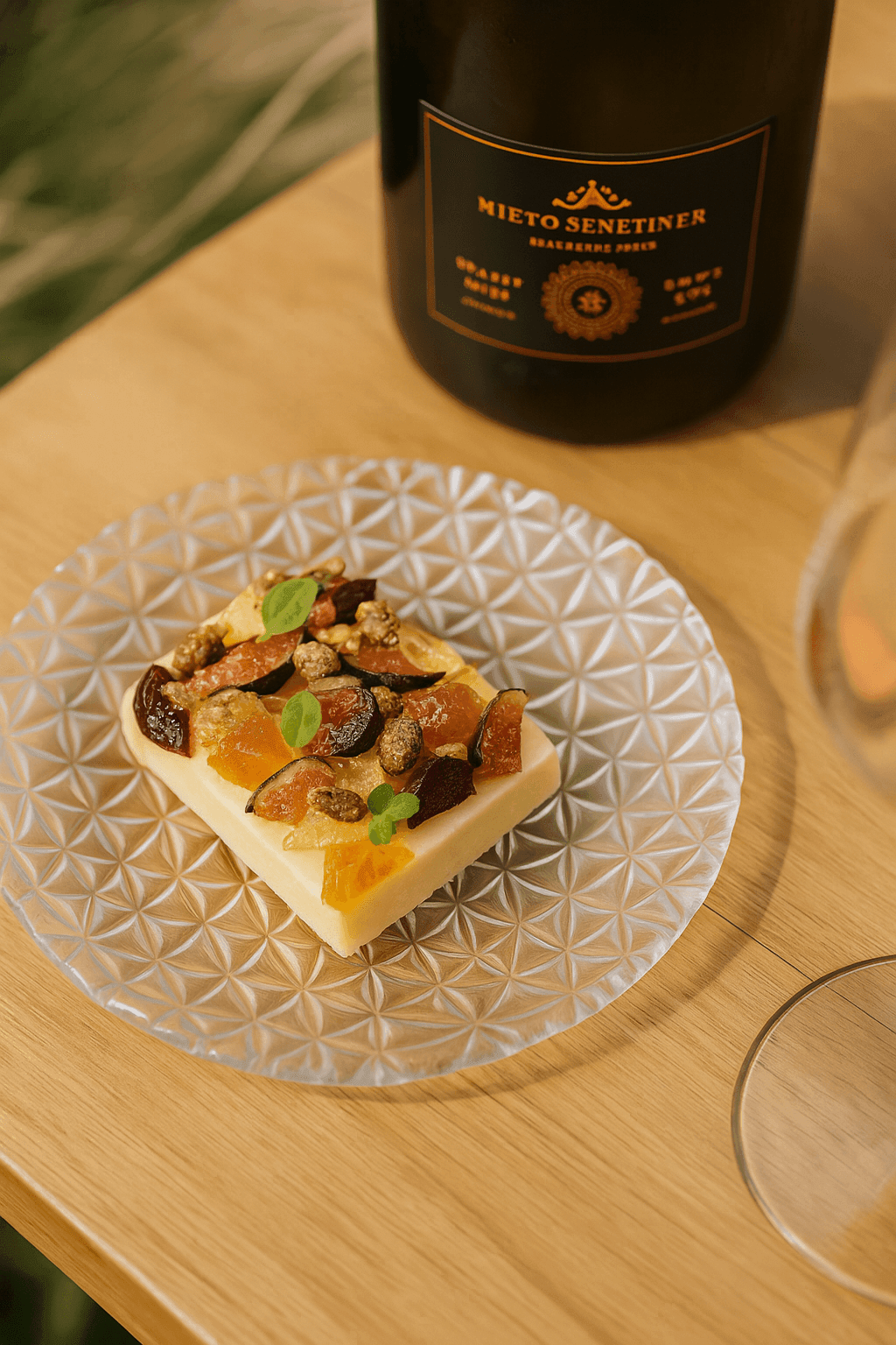 Cheese with dried fruits and nuts on a patterned glass plate, next to a wine bottle.