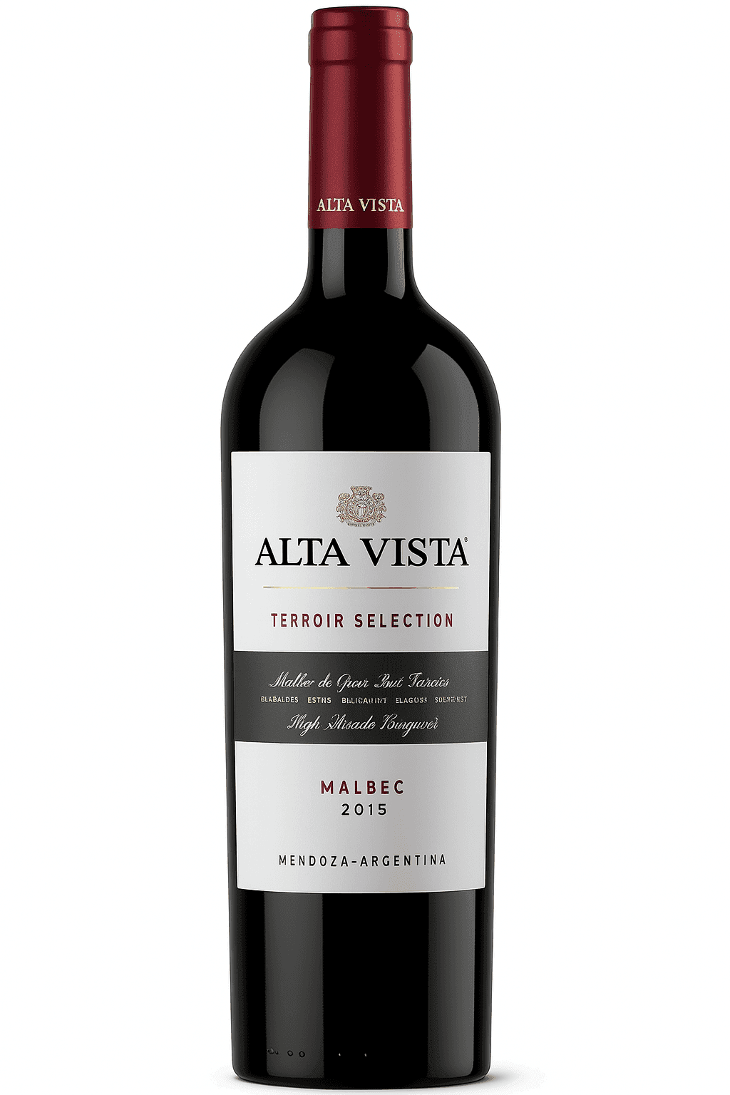 Bottle of Alta Vista Terroir Selection Malbec 2015 wine from Mendoza, Argentina.
