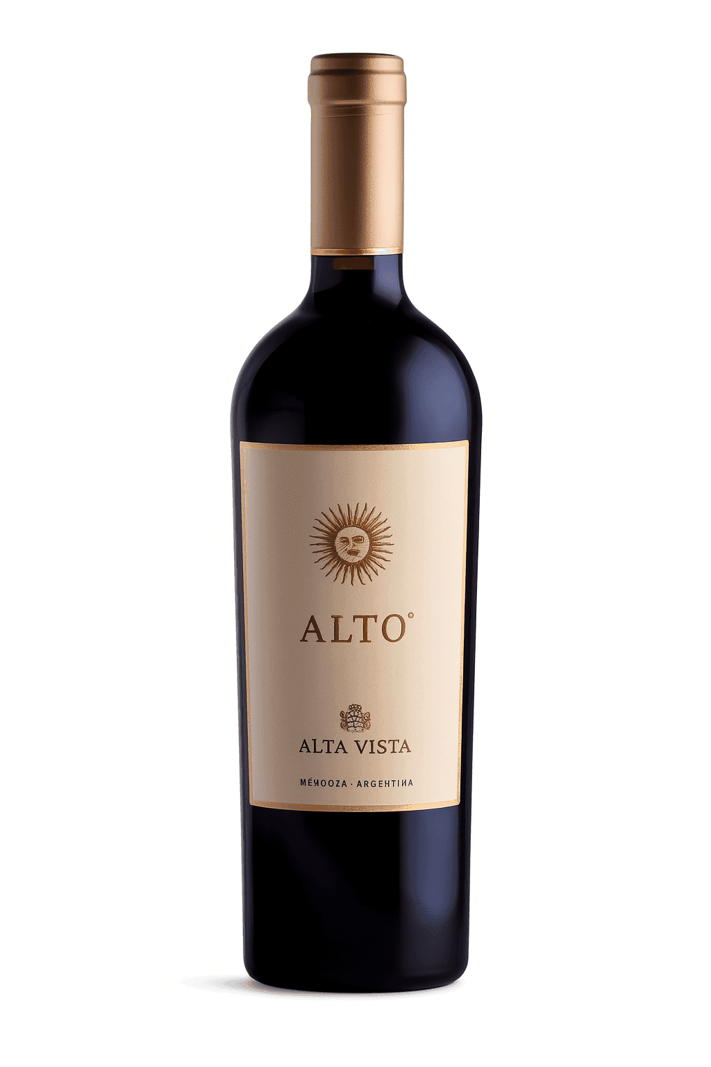 Bottle of Alto wine from Mendoza, Argentina with a golden label and cap.