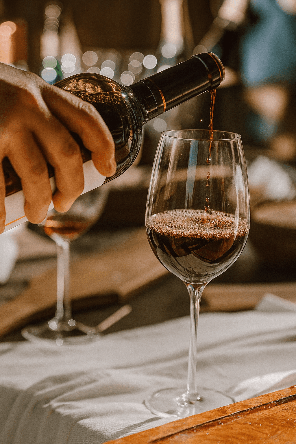 Close-up of wine being poured into a glass, with a blurred background.