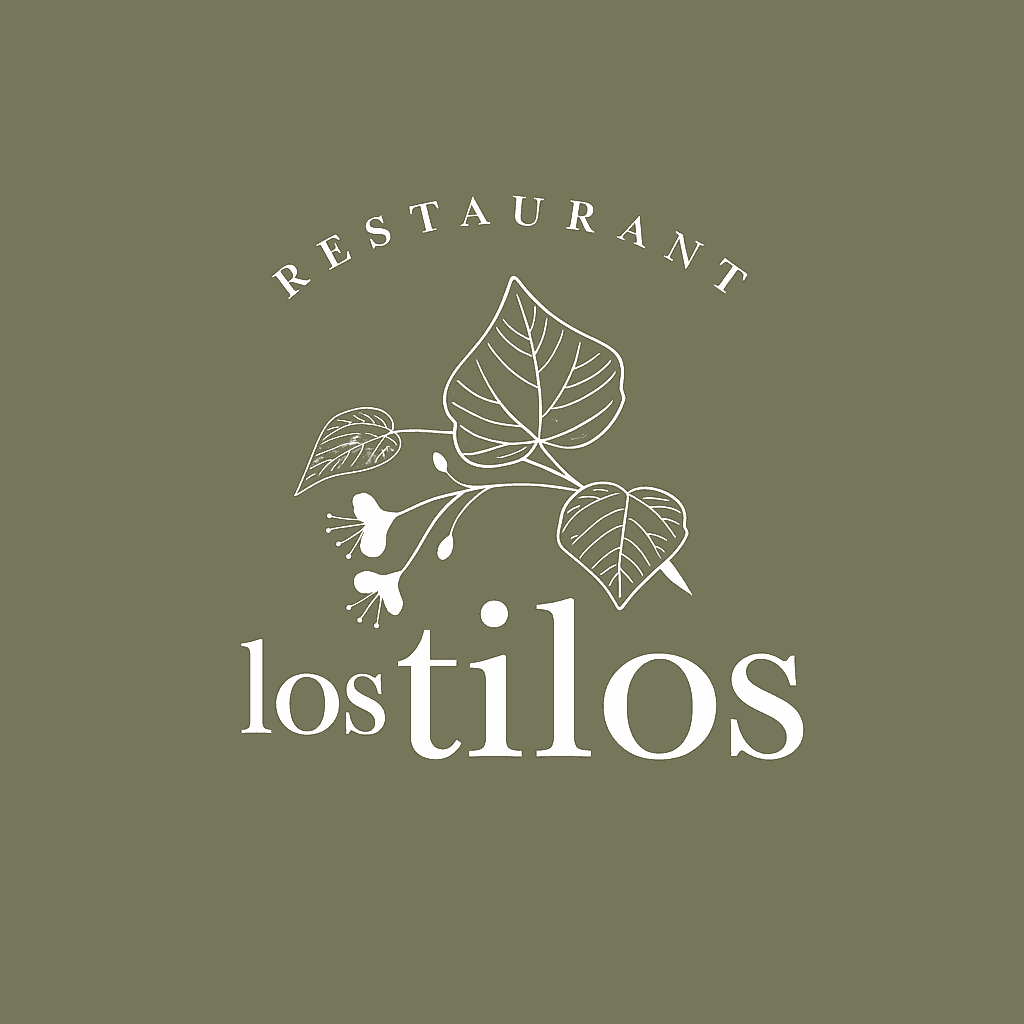 Logo with 'Restaurant Los Tilos' and botanical illustration on olive background.