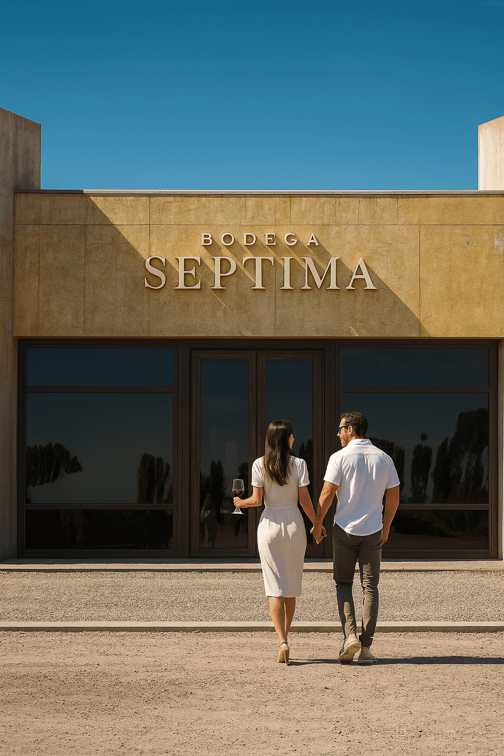 Couple holding hands walking towards Bodega Septima entrance under clear blue sky.