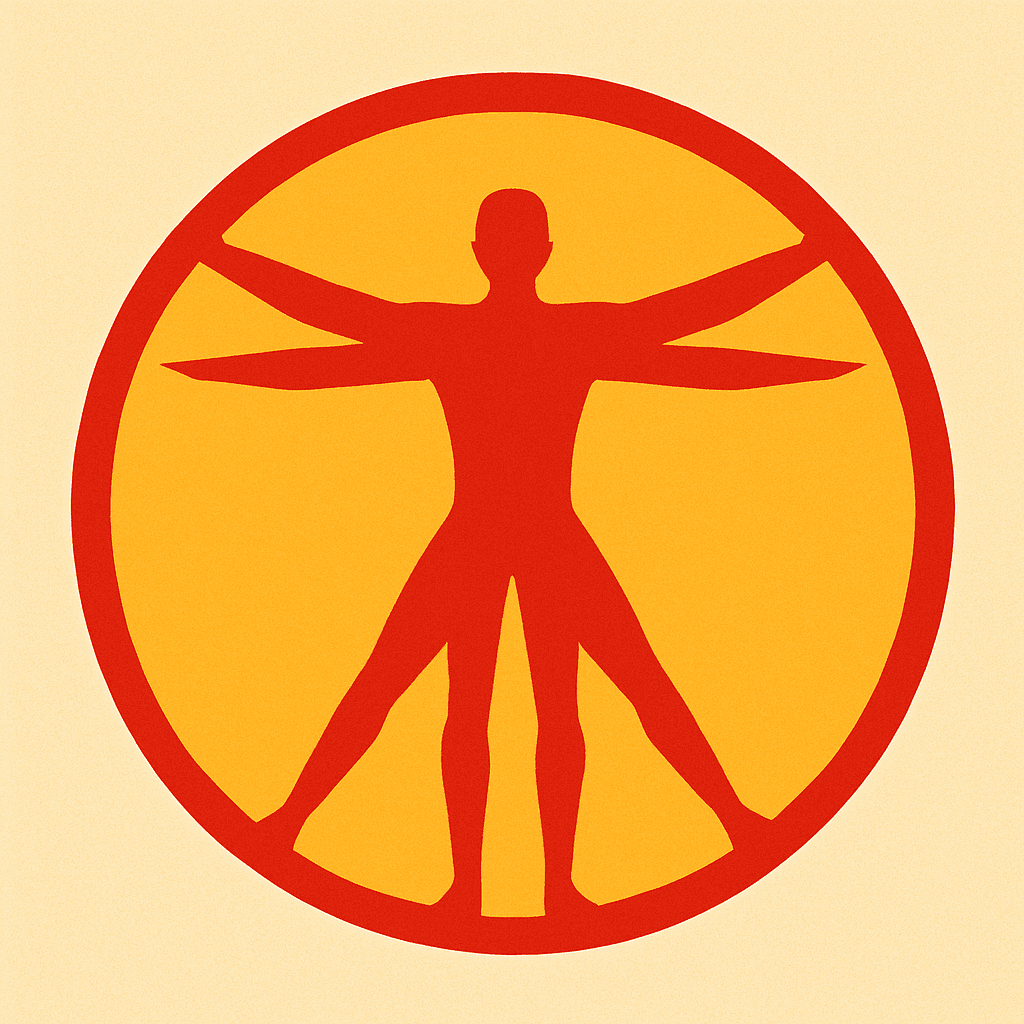 Stylized red silhouette of a human figure with multiple limbs within a circular orange and red background.