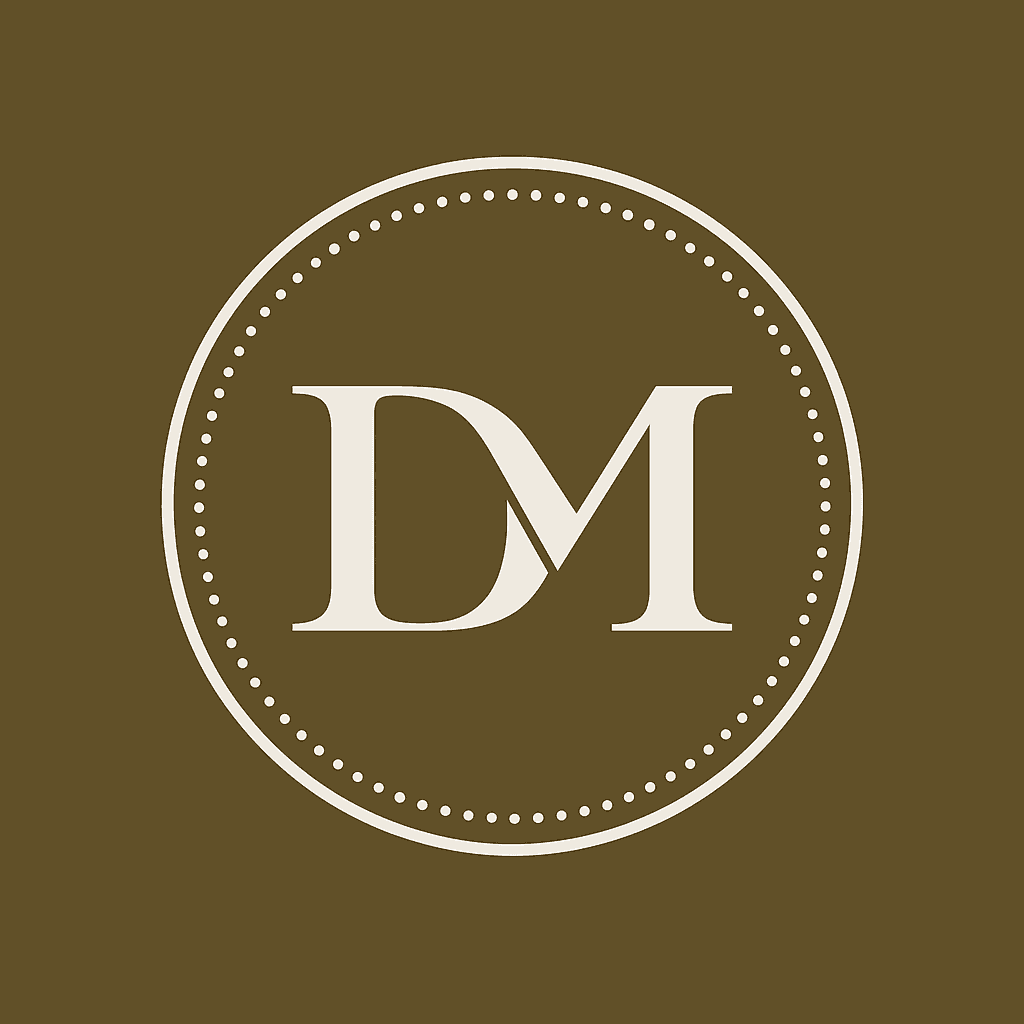 Logo with the letters DM inside a dotted circle on a brown background.