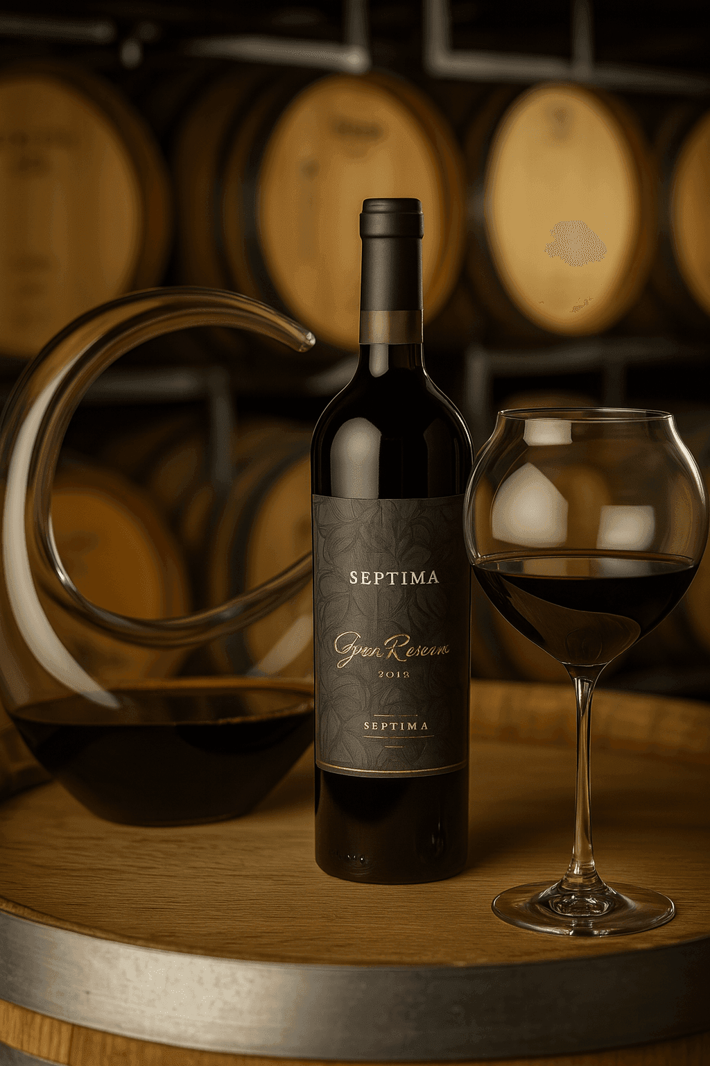 Wine bottle, glass and decanter on wooden barrel with blurred oak barrels in the background.