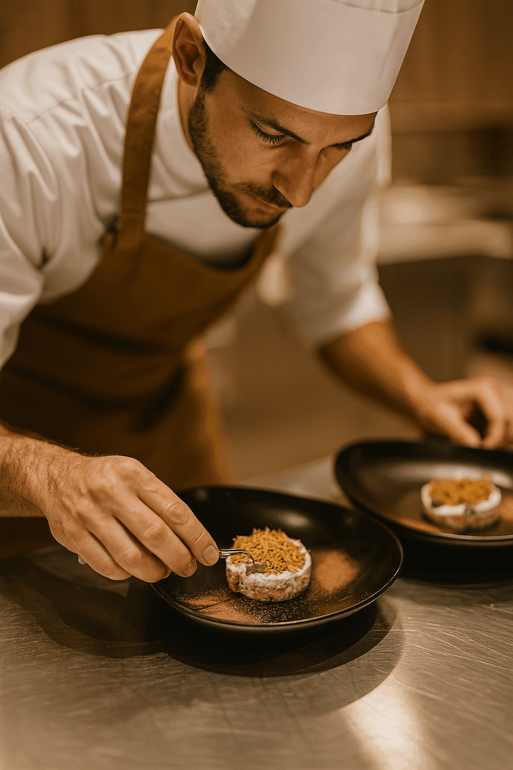 Chef carefully garnishing a plated dish in a professional kitchen.