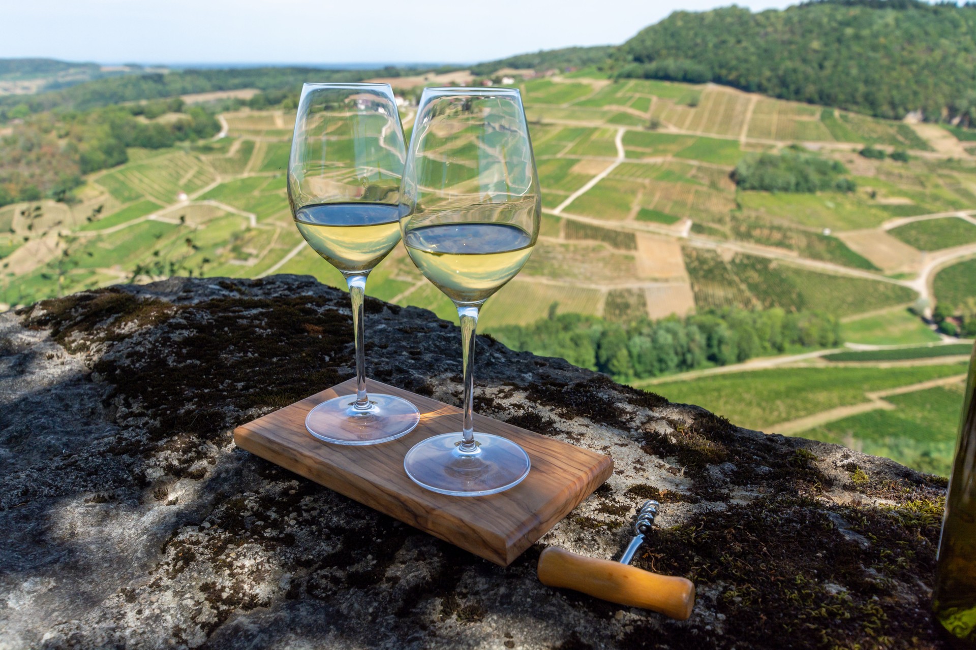 Degustación de vino blanco o jaune Jura en viñedos cerca del pueblo de Chateau-Chalon en la región de Jura, Francia