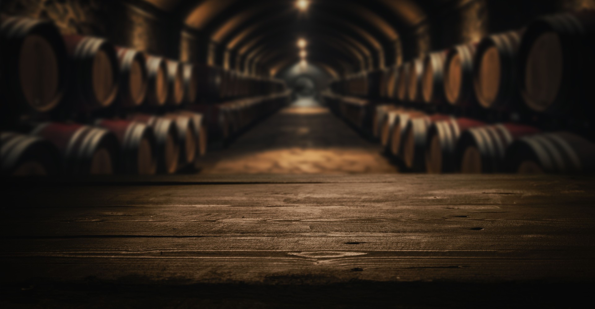 empty dark wooden tabletop for product display on blurred winery wine barrels cellar background