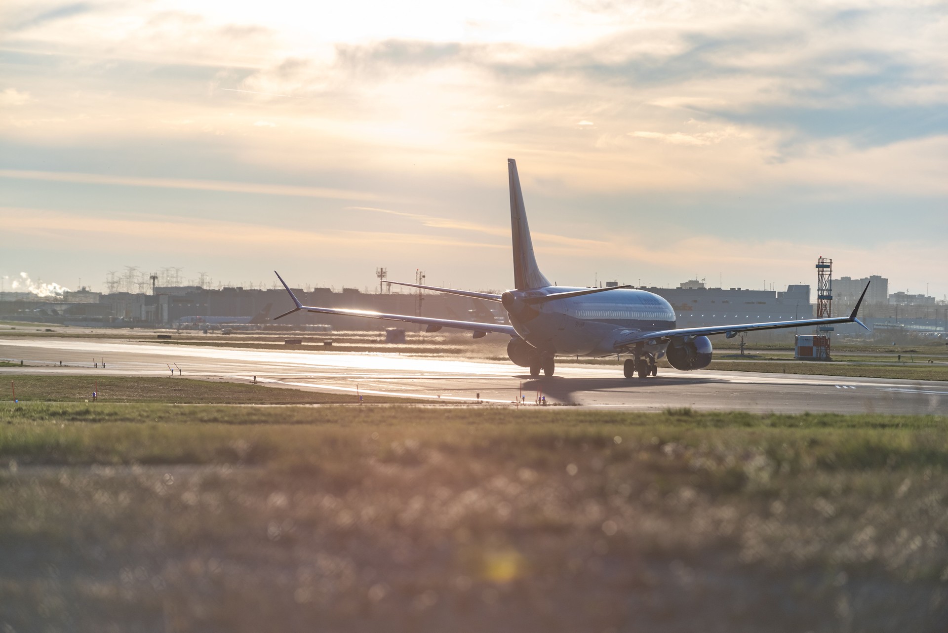 Airplane preparing to take off from the runway in Pearson International airport at dusk, Toronto,Canada